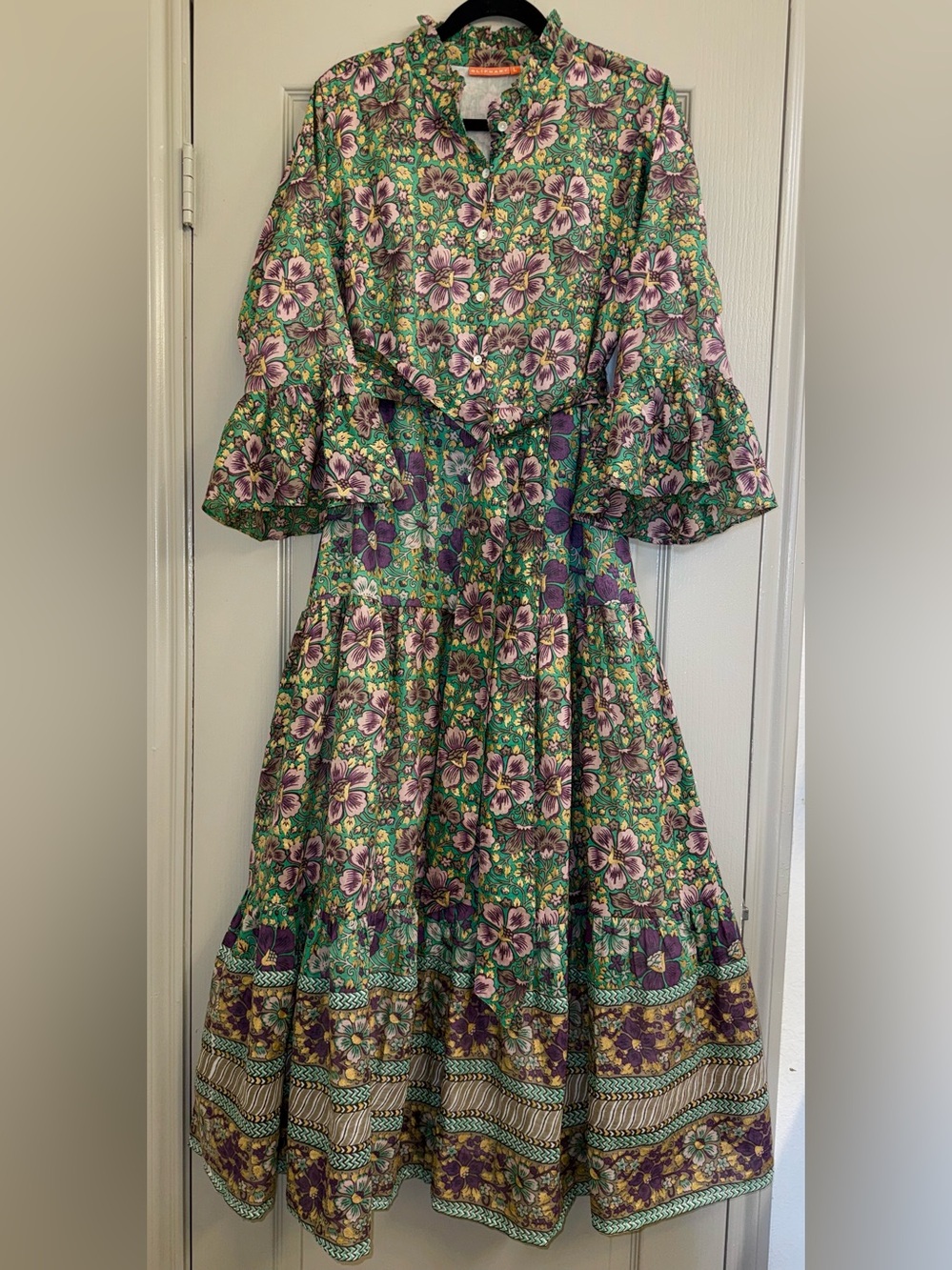 OLIPHANT ruffle collar bell maxi dress in matera green - Picture 5 of 8